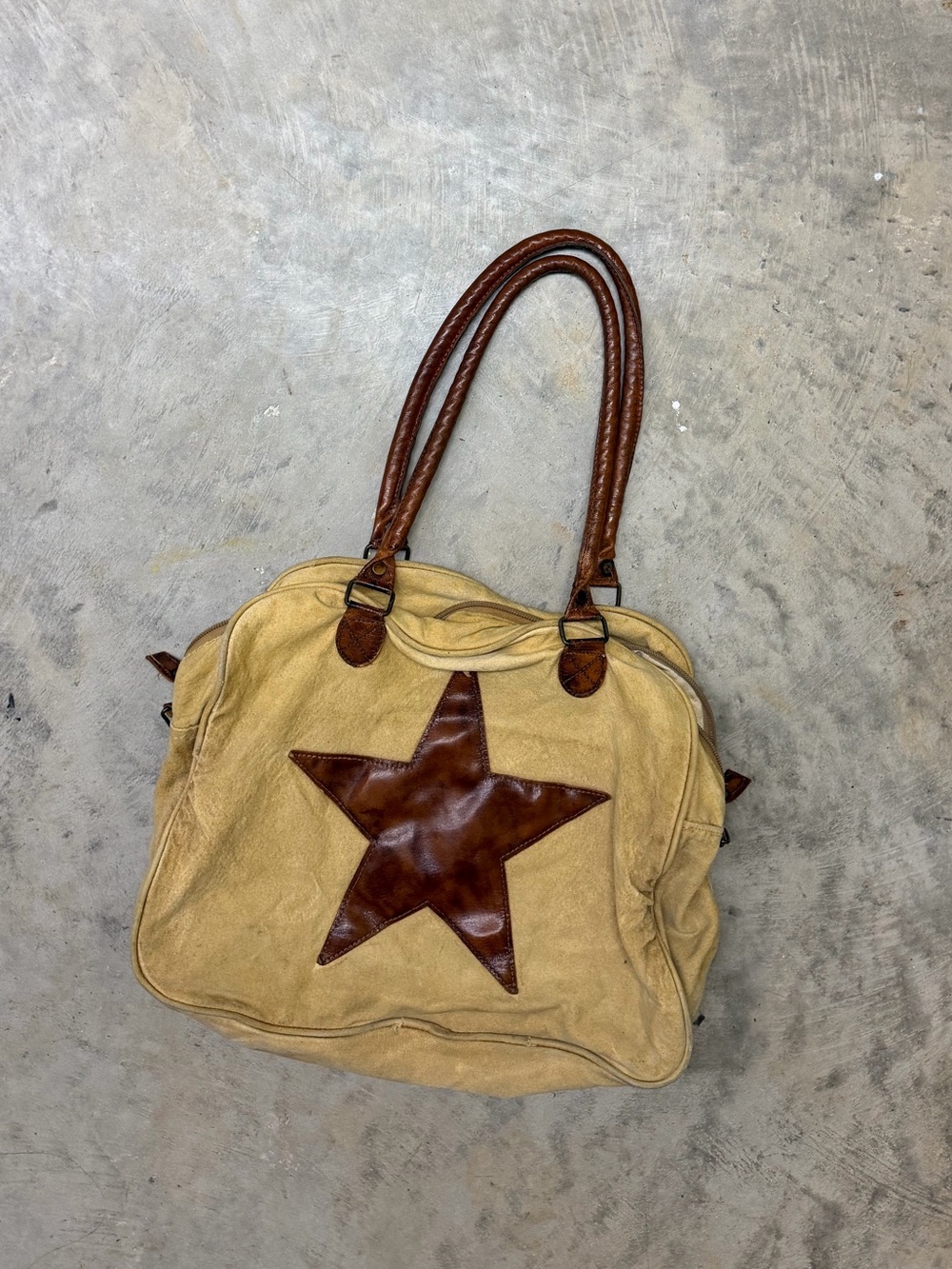 Canvas Star Accent Tote Bag in Tan with Brown Trim